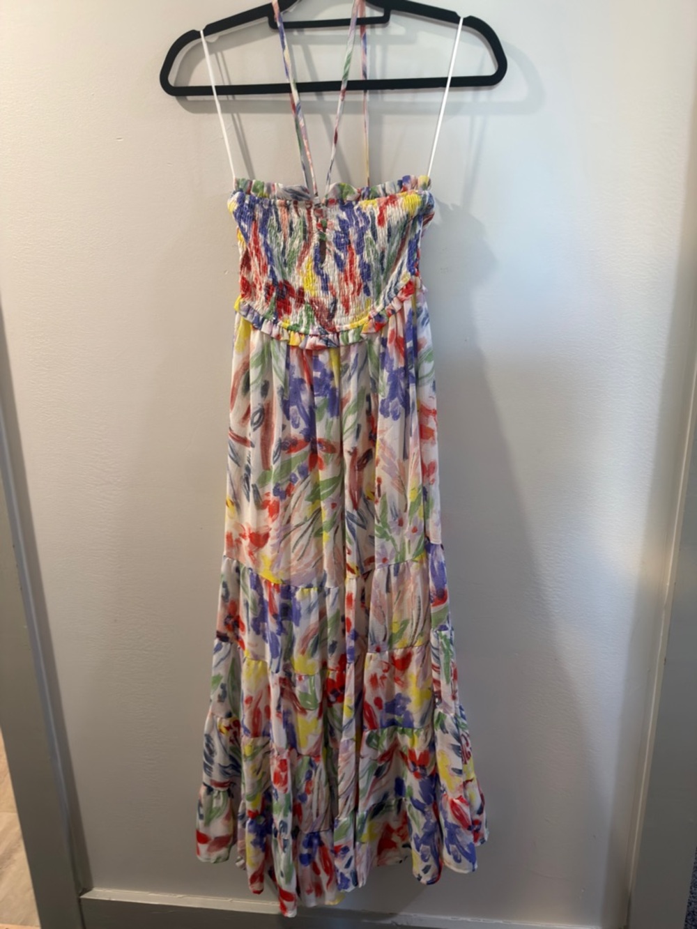 Aqua - Watercolor Floral Midi Dress – Smocked Bodice  – Women’s Small